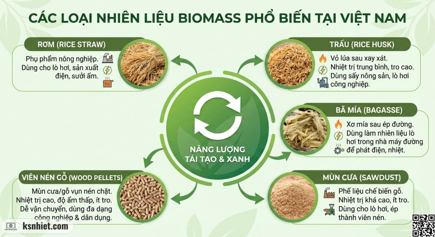 Tối Ưu Hóa Quy Trình Cháy Biomass: Chìa Khóa Năng Lượng Bền Vững & Hiệu Quả Cho Doanh Nghiệp 1 Infographic các loại nhiên liệu biomass phổ biến (rơm, trấu, bã mía, mùn cưa, viên nén gỗ) với biểu tượng mũi tên tái tạo và vòng tròn xanh