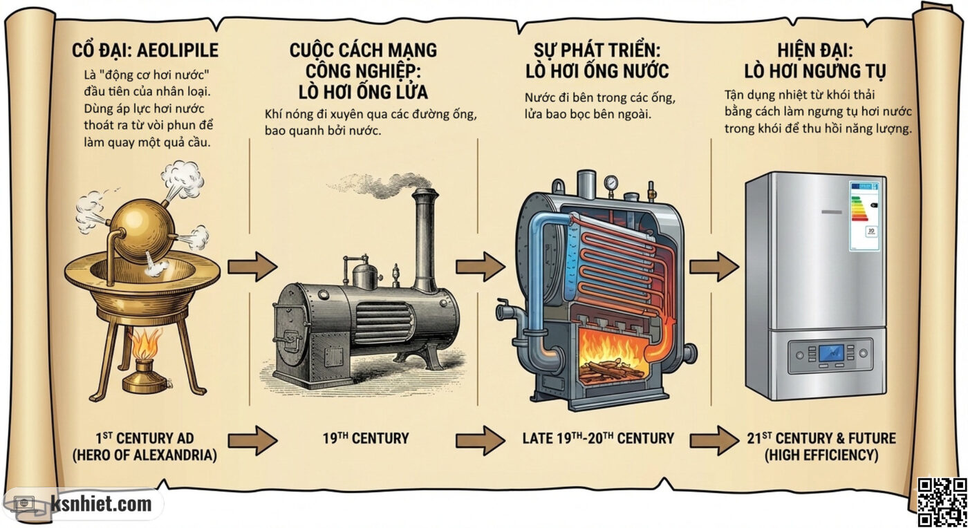 Xu Hướng Lò Hơi 2026-2030: Chuyển Đổi Để Tối Ưu Hiệu Suất và Bền Vững 3 Timeline ảnh minh họa từ aeolipile cổ đại đến các loại lò hơi ống lửa, ống nước và cuối cùng là một mẫu lò hơi ngưng tụ hiện đại, cho thấy sự phát triển vượt bậc