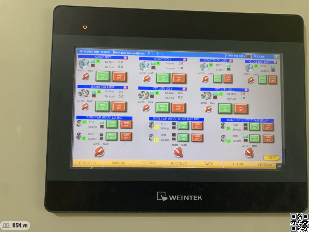 Hệ thống PLC–HMI: Vai trò của trực quan hóa thông số kỹ thuật và quản lý dữ liệu vận hành thời gian thực 4 Màn hình HMI hiển thông các thông số vận hành của thiết bị.